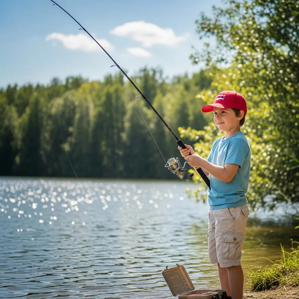 Beginner angler with fishing rod by a lake, capturing the essence of fishing for novices