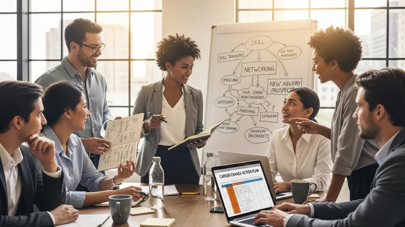 Diverse professionals collaborating on career change strategies in a modern office