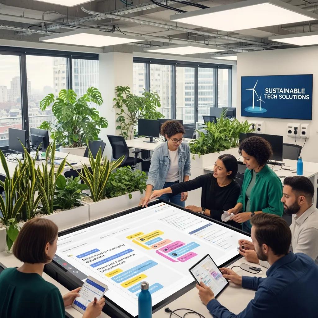 Employees using low-code platforms in a modern office focused on sustainable technology solutions