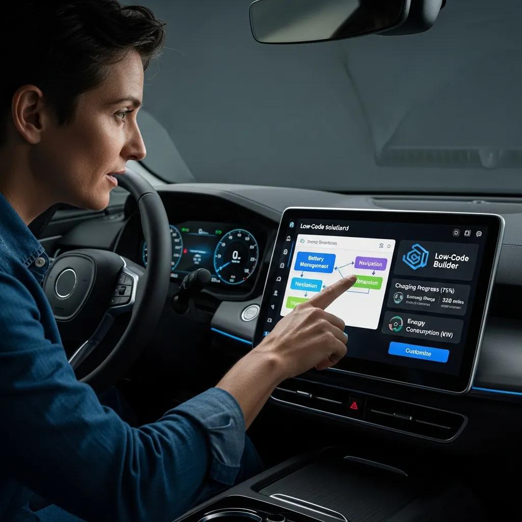 User interacting with electric vehicle software interface showcasing low-code solutions